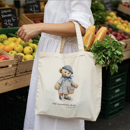 Custom Shopper Bear Cotton Tote, Personalized Vintage Bear Tote