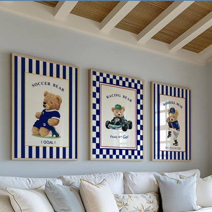 Bear Wall Art Set of 3 Striped Artwork Sport Themed Prints