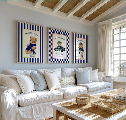 Set of 3 Bear Prints Striped Sport Themed Artwork