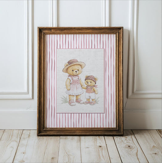 Pink Striped Bear Girl Watercolor Illustration
