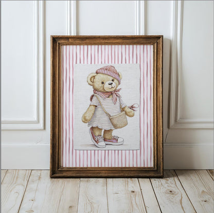 Pink Striped Wall Art Set Of 3 Bear Prints Nursery Room Decor