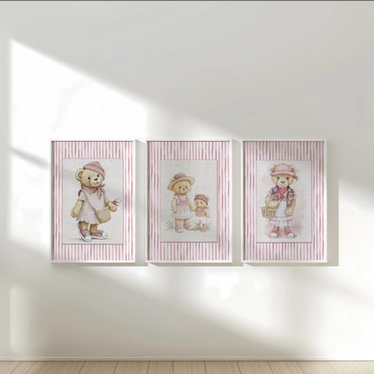 Pink Striped Wall Art Set Of 3 Bear Prints Nursery Room Decor