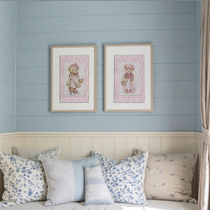 Pink Striped Wall Art Set Of 3 Bear Prints Nursery Room Decor