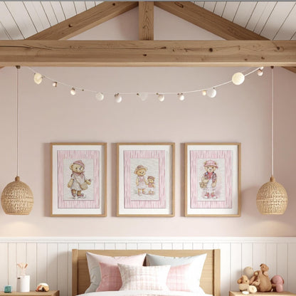 Pink Striped Wall Art Set Of 3 Bear Prints Nursery Room Decor