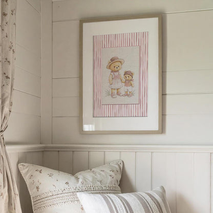 Pink Striped Wall Art Set Of 3 Bear Prints Nursery Room Decor