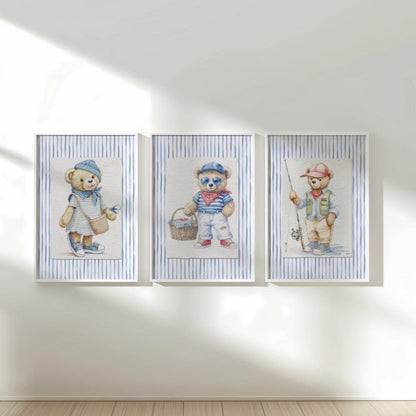 Set of 3 Bear Prints Striped Artwork Gallery Wall Art Hamptons Bear Illustrations