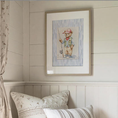 Set of 3 Bear Prints Striped Artwork Gallery Wall Art Hamptons Bear Illustrations