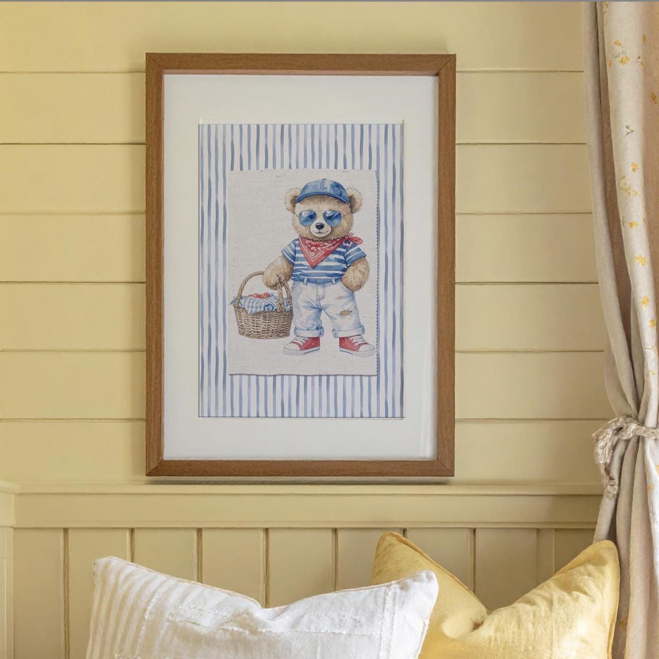 Set of 3 Bear Prints Striped Artwork Gallery Wall Art Hamptons Bear Illustrations