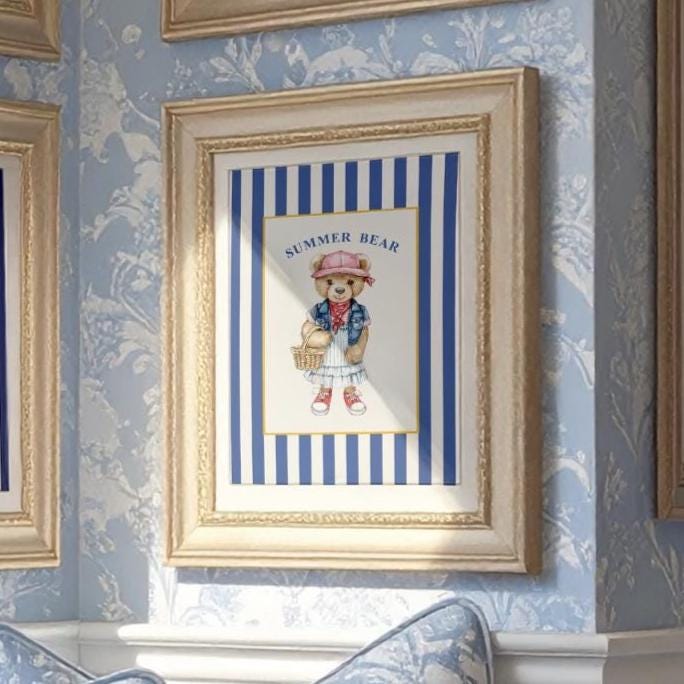 Vintage Bear Girl Striped Wall Art