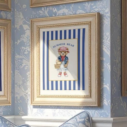 Vintage Bear Girl Striped Wall Art
