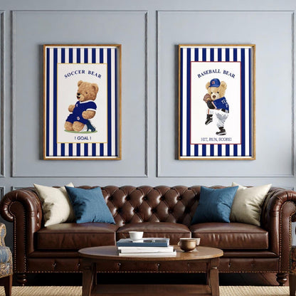 Set of 3 Bear Prints Striped Sport Themed Artwork