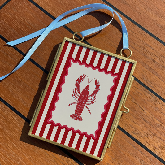 Lobster Print Striped Artwork Mini Brass Hanging Frame Nautical Kitchen Wall Art