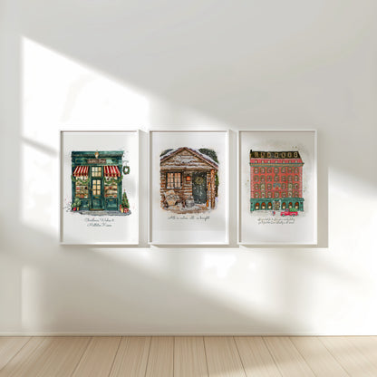 Alpine Cottage Holiday Art, Snowy Christmas Cottage Illustration