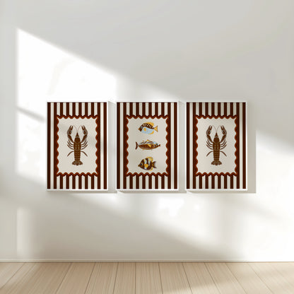 Lobster, Sardines & Coral Wall Art. Gallery Print Set of 3 - Praline