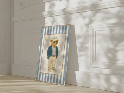 Vintage Nantucket Bear Print, Coastal Striped Artwork in Denim Blue