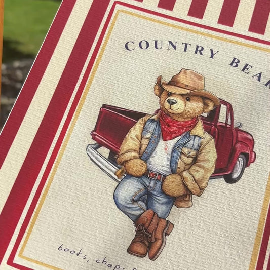 Country Bear Vintage Striped Truck Illustration, Cowboy Bear Artwork
