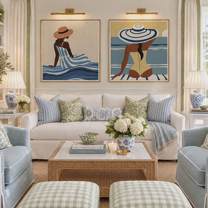 Côte d’Azur Art Print I Blue Muse Art Print I Woman in Striped Dress I Contemporary Coastal Wall Art I Blue & White Artwork, French Riviera Decor, Modern Summer Art
