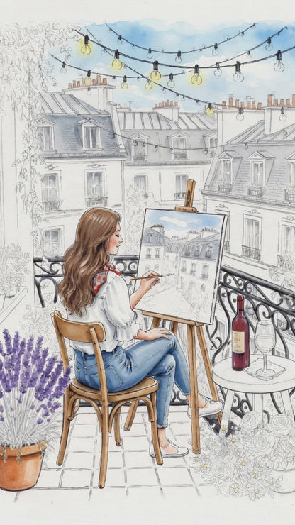 Parisian Balcony Painting Whimsical Paris Art Print with Fairy Lights & Haussmann Architecture