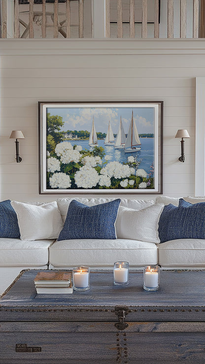 Nantucket Harbor Sailboat Art White Hydrangea Coastal Wall Art Nantucket Harbor Artwork