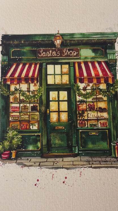 Santa's Workshop, Christmas Illustration, Watercolour Gouache Artwork