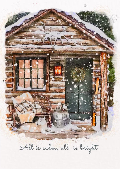 Alpine Cottage Holiday Art, Snowy Christmas Cottage Illustration