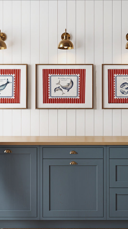 Lobster, Whale & Dolphin Set of 3, Nantucket East Coast Artwork