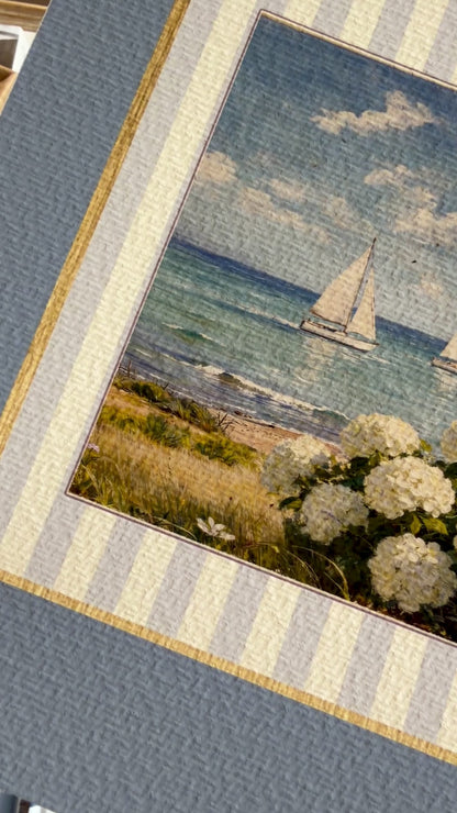 Coastal Watercolor Set of 3 with Blue Border, Nantucket Print Cape Cod Illustration Hydrangea Artwork