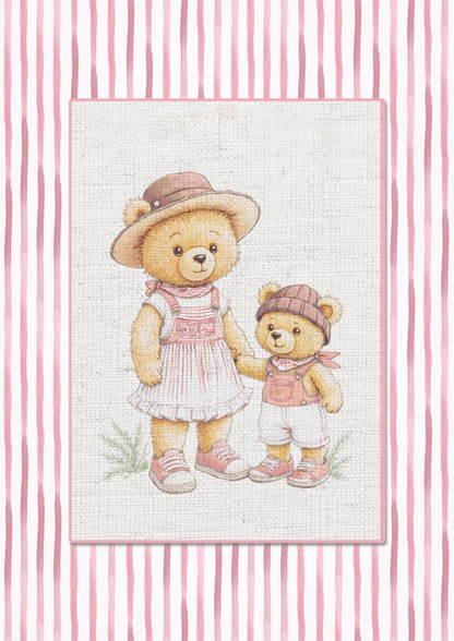Pink Striped Wall Art Set Of 3 Bear Prints Nursery Room Decor