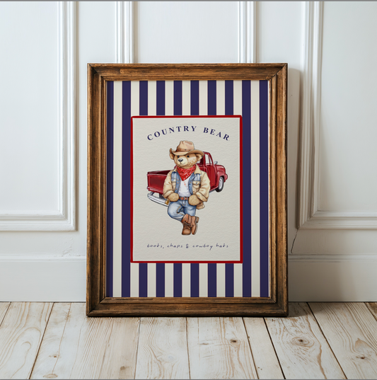Country Bear Vintage Striped Truck Illustration, Cowboy Bear Artwork