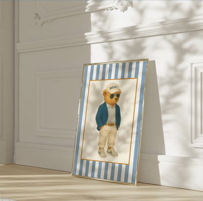 Vintage Cape Cod and Nantucket Bear Print, Coastal Striped Artwork in Denim Blue