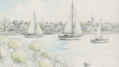 Cape Cod Harbor Illustration Hydrangea Sailboat Watercolor Print