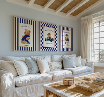 Set of 3 Bear Prints Striped Sport Themed Artwork