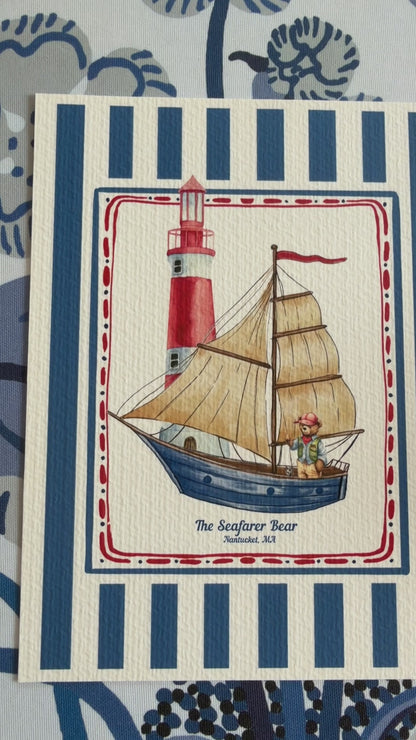 Nantucket Sailing Bear, Vintage Striped Bear Print
