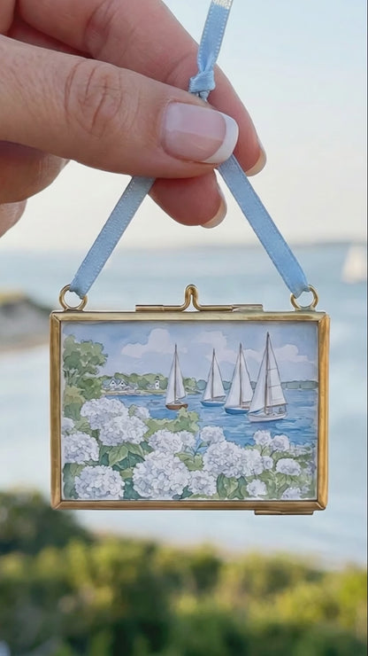 Nantucket Harbor Sailboat Watercolor Art White Hydrangea Coastal Wall Art Nantucket Harbor Artwork