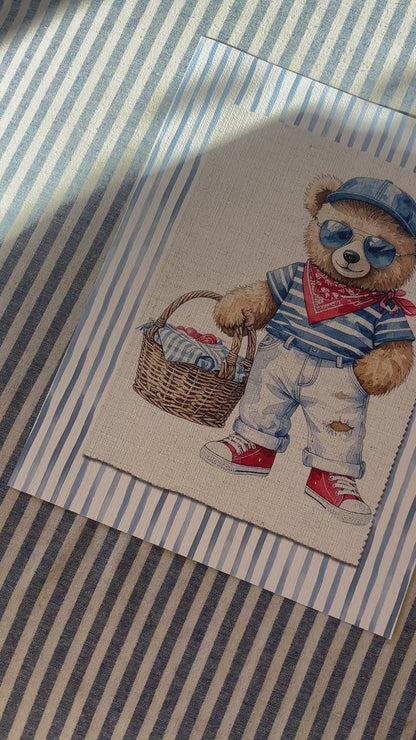 Set of 3 Bear Prints Striped Artwork Gallery Wall Art Hamptons Bear Illustrations
