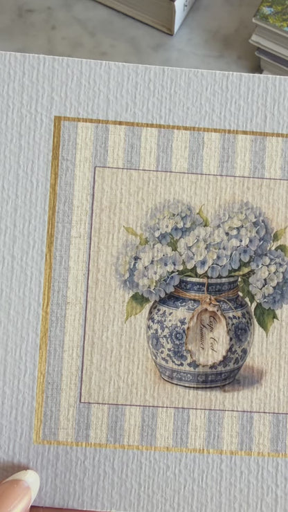 Hydrangea Basket Watercolor Set of 2 Prints Blue & White Ginger Jar Illustration with Sea Blue Border
