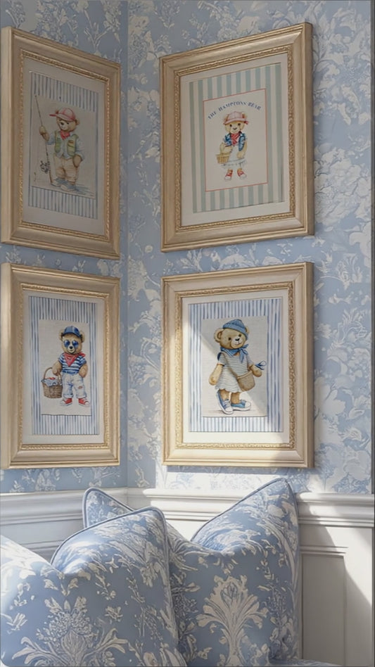 Vintage Bear Girl Striped Wall Art