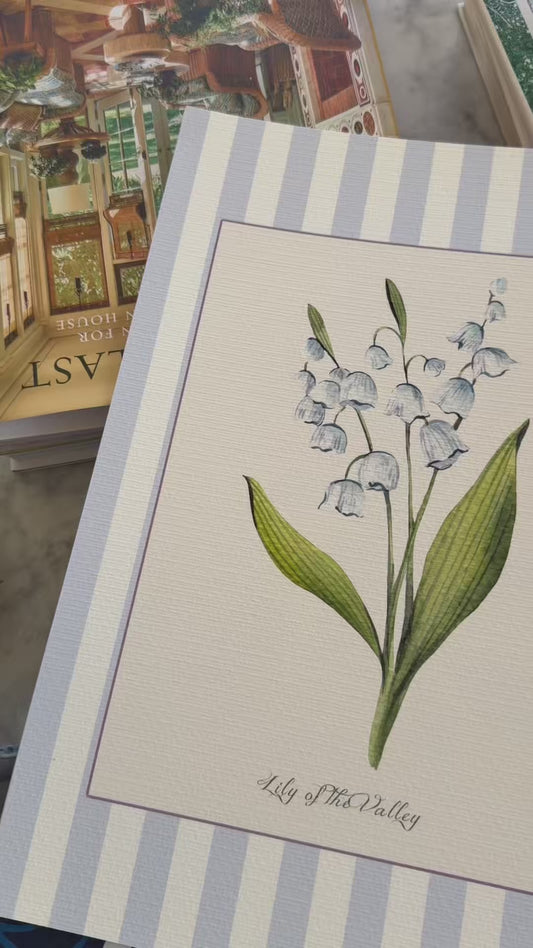 Blue Stripe Set of 3 Vintage Watercolor Flowers, Peony, Lily of the Valley and Blue Hydrangea
