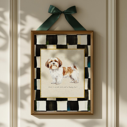 Shih Tzu Print, Black and White Check Wall Art, Shih Tzu Dog Illustration, Puppy Artwork