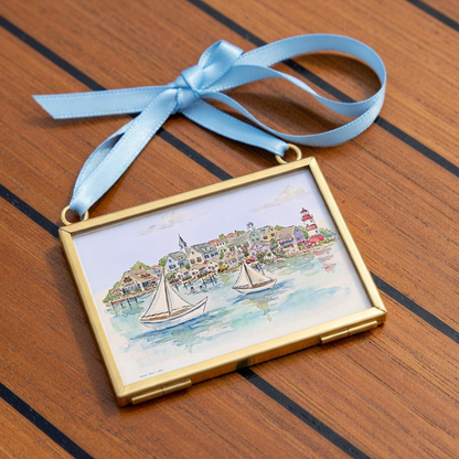 New England Coastal Village Mini Brass Frame Wall Art  Beach House Decor Lighthouse Sailboat Illustration