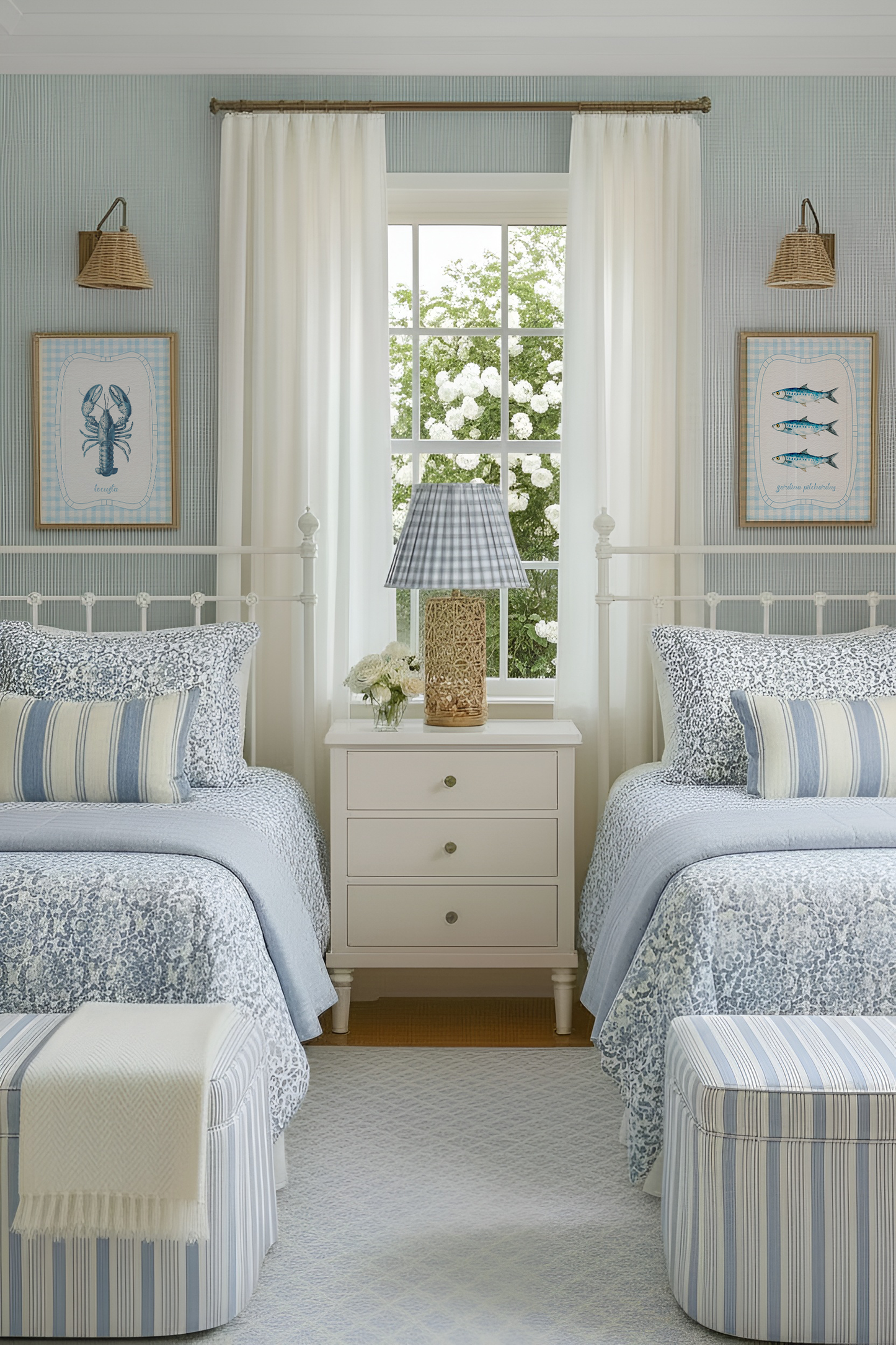 Lobster Print Coastal Artwork Blue White Gingham