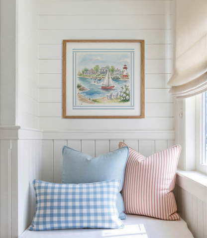 New England Art Print Coastal Watercolor Wall Decor Lighthouse, Sailboat & Beach House Artwork