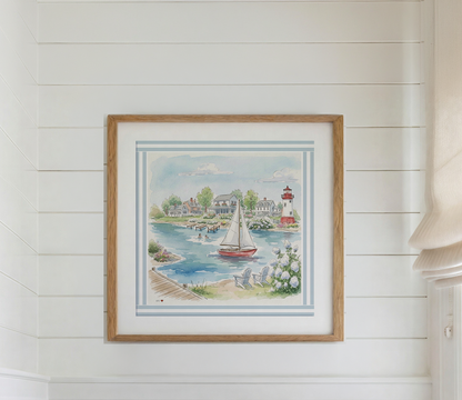 New England Art Print Coastal Watercolor Wall Decor Lighthouse, Sailboat & Beach House Artwork